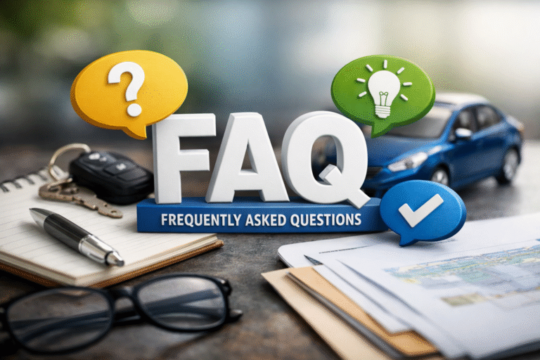 “Frequently asked questions FAQ image showing car keys, paperwork, and a vehicle related to driving license services”